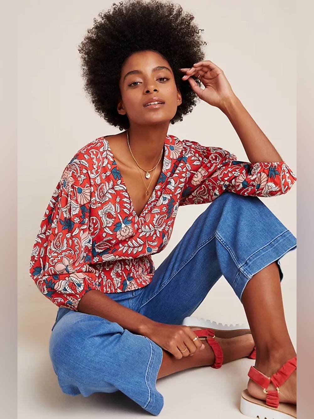 Maeve Floral Print Red V-Neck Peasant Top